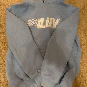 Light Blue Pullover Sweatshirt with Checkered Flag Design